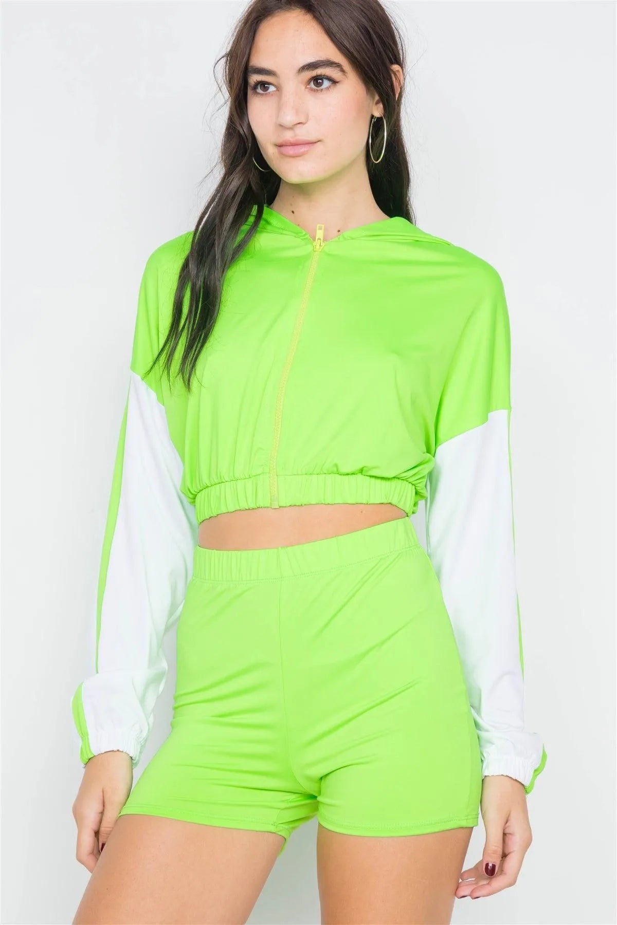 Lime Contrast Trim Zip-Up Hoodie & Biker Short Set /2-2-2 - Tasha Apparel Wholesale