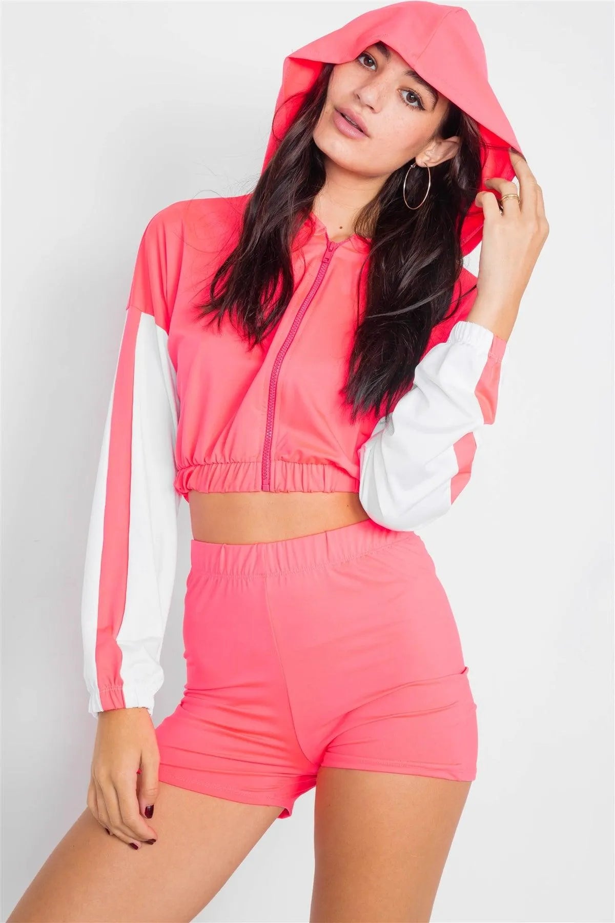 Pink Contrast Trim Zip-Up Hoodie & Biker Short Set /3-2-1 - Tasha Apparel Wholesale