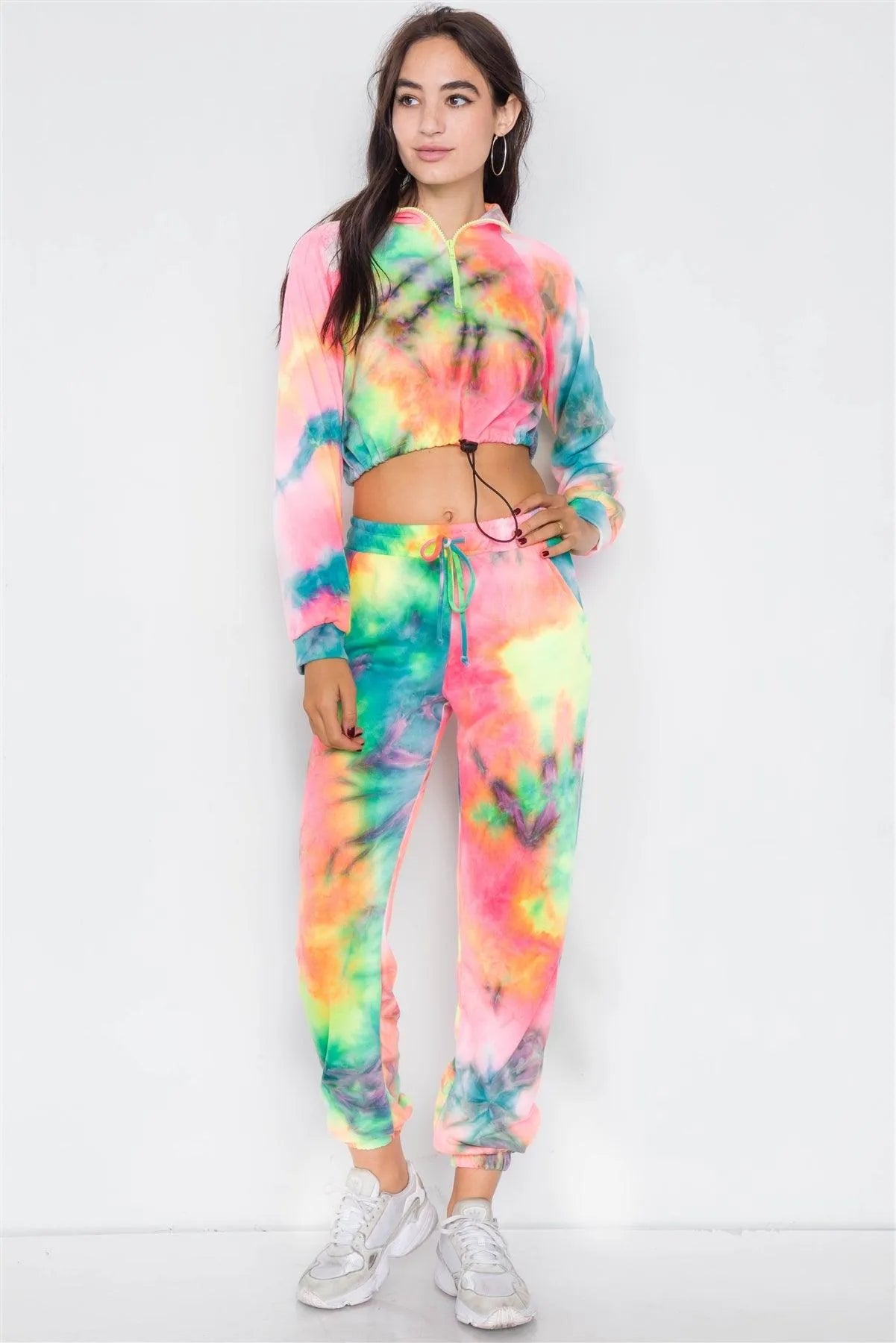 Neon Multi Crop Zip Sweater & Sweat Pant Two Piece Set /4-2-1 - Tasha Apparel Wholesale