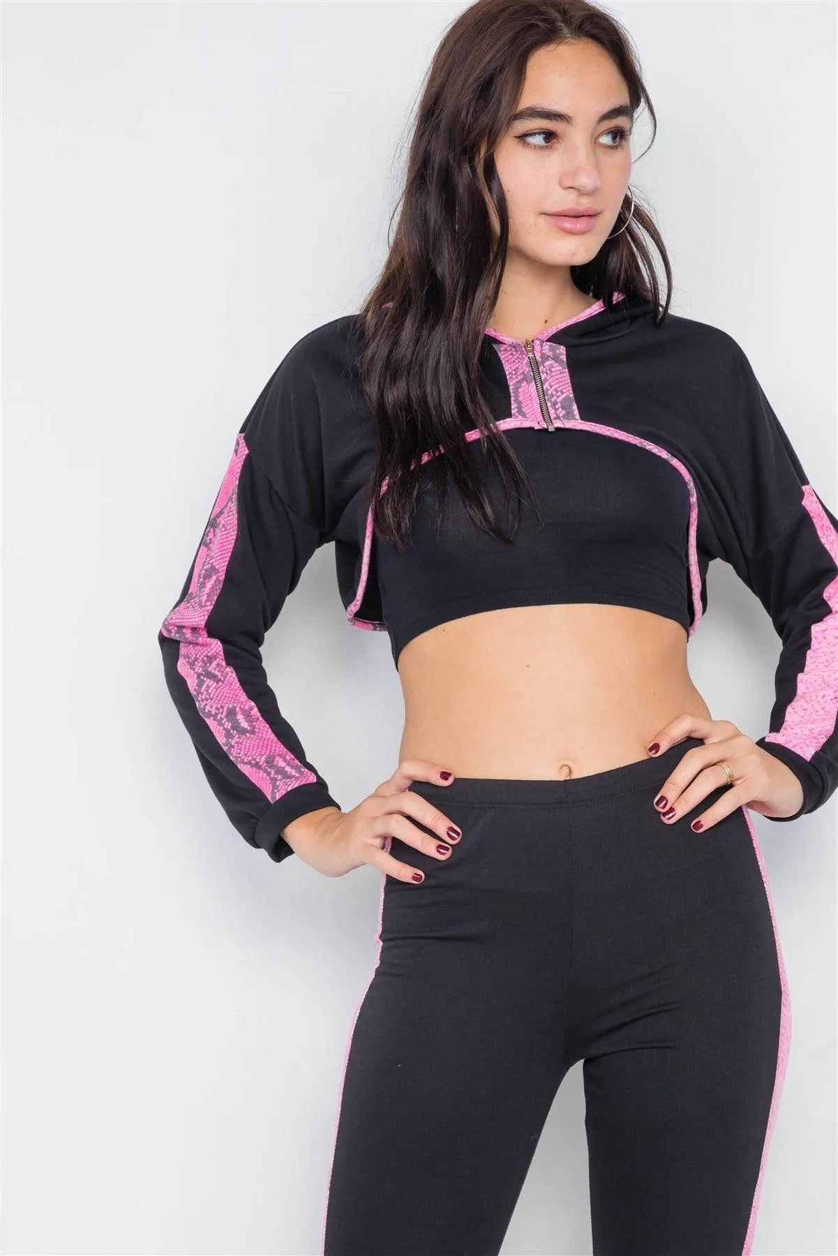 Black & Pink Snake Print Trim High Crop & Ankle Legging Set /3-2-1 - Tasha Apparel Wholesale