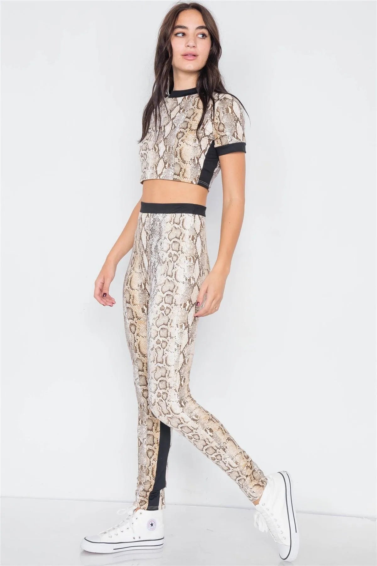 Camel Snake Print Black Trim Crop Trop & Leggings Set /4-1-1 - Tasha Apparel Wholesale