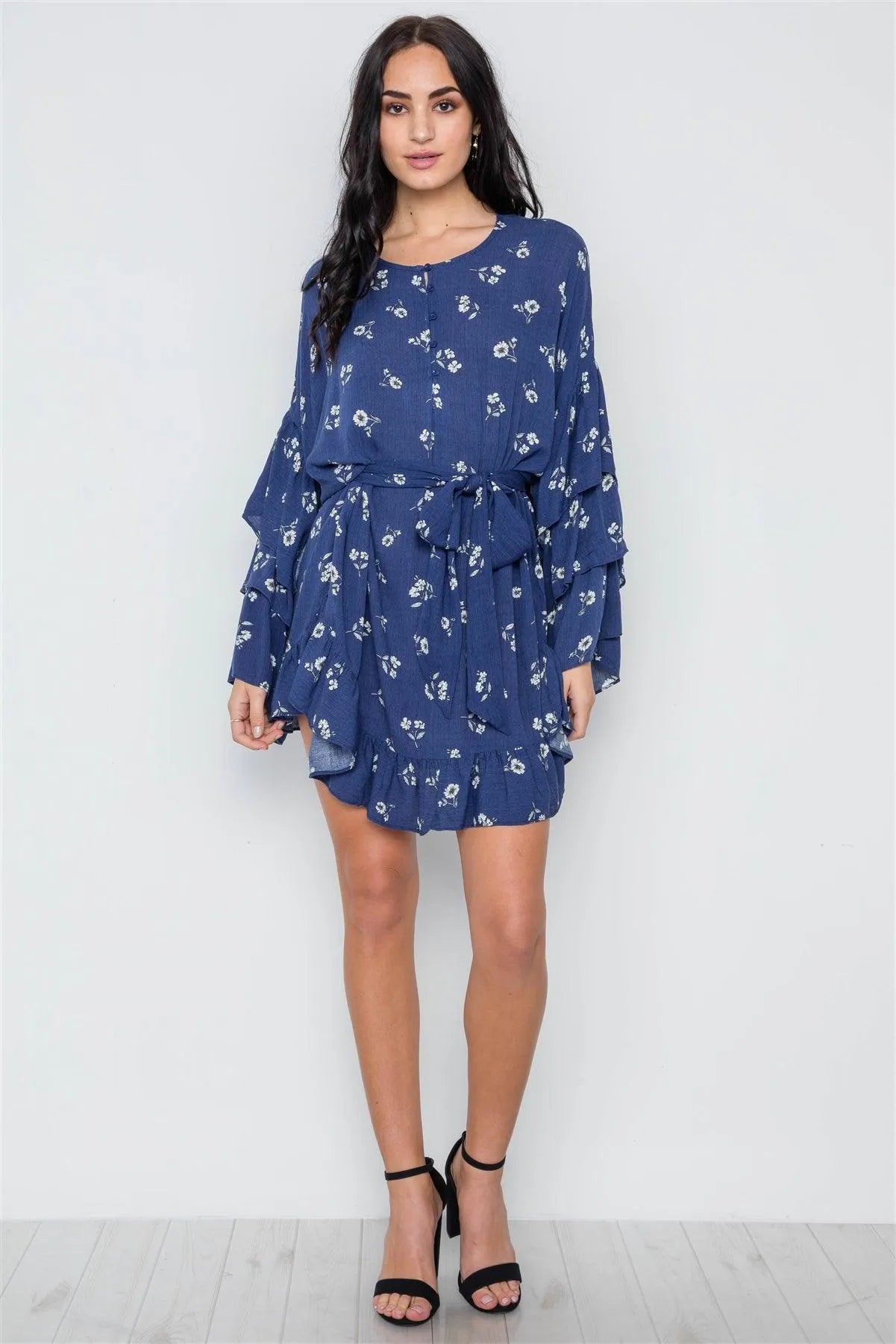 Navy Floral Print Long Bell Sleeves Dress /2-2-1 - Tasha Apparel Wholesale