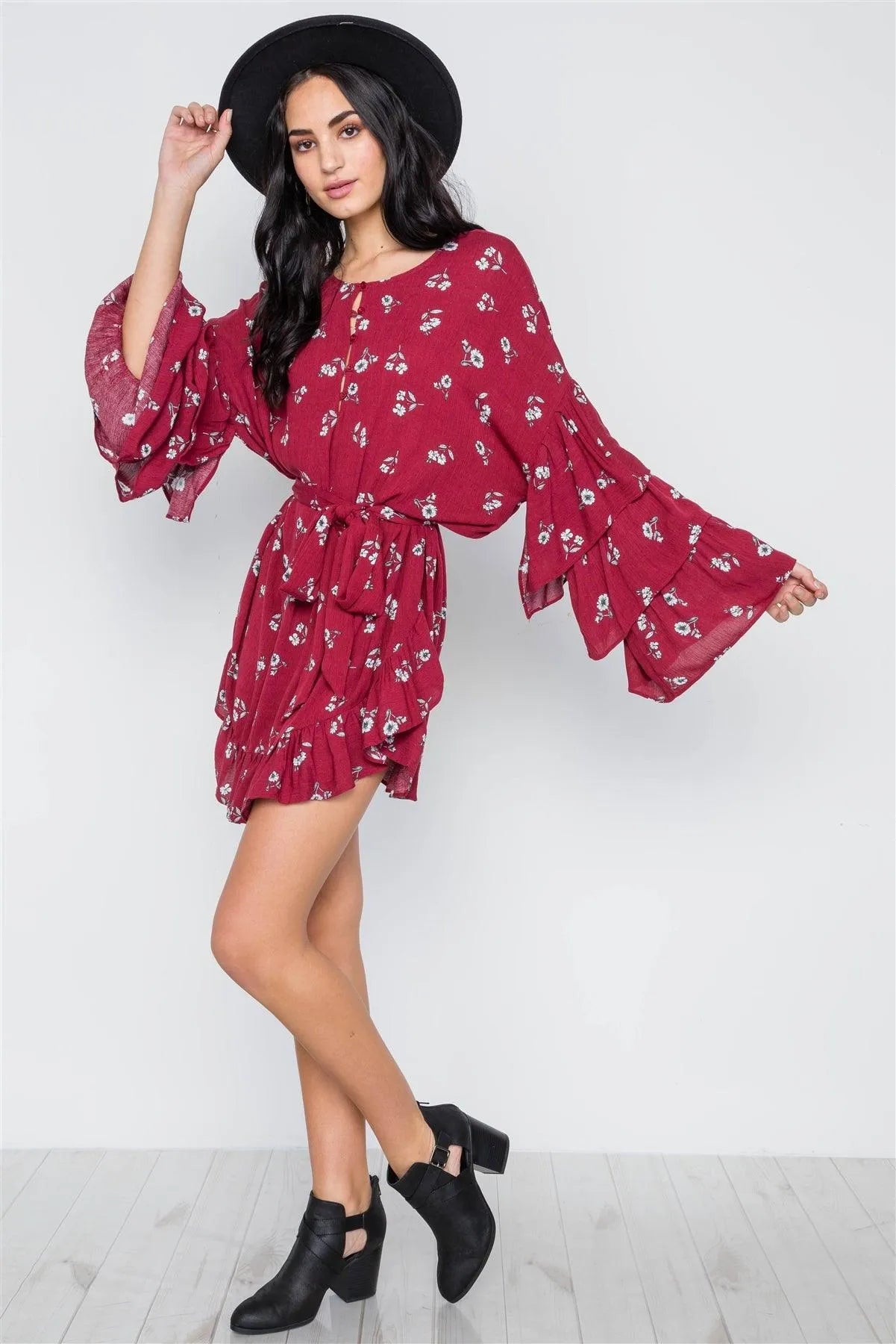 Red Burgundy Floral Print Long Bell Sleeves Dress /2-2-1 - Tasha Apparel Wholesale