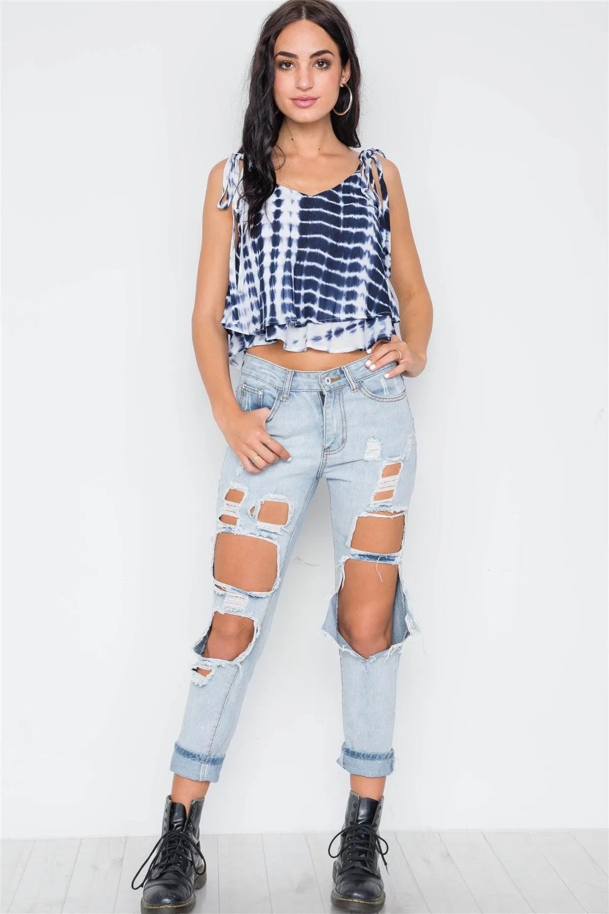 Navy Tie Dye Self Tie Cami Straps Crop Top Top /2-2-1 - Tasha Apparel Wholesale