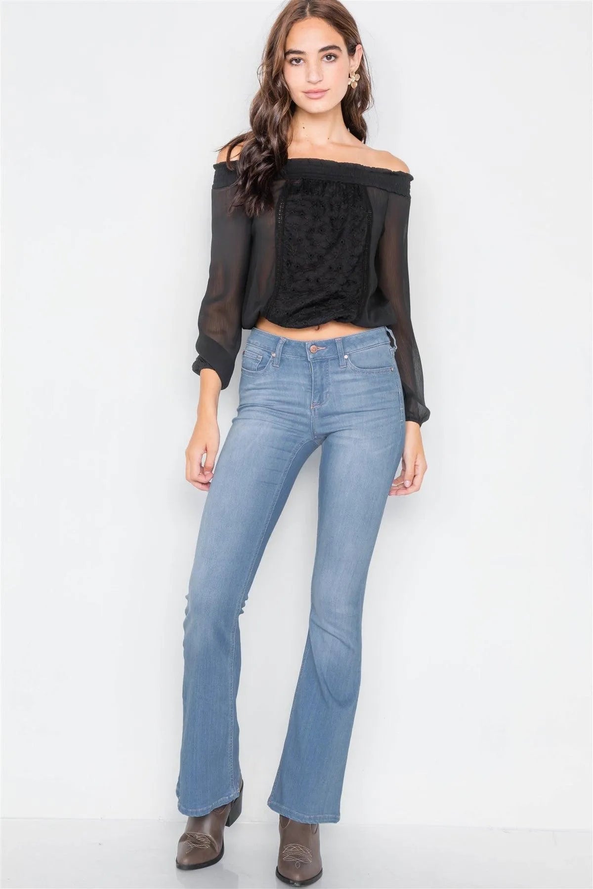 Black Off-the-Shoulder Sheer Floral Top /2-2-2 - Tasha Apparel Wholesale