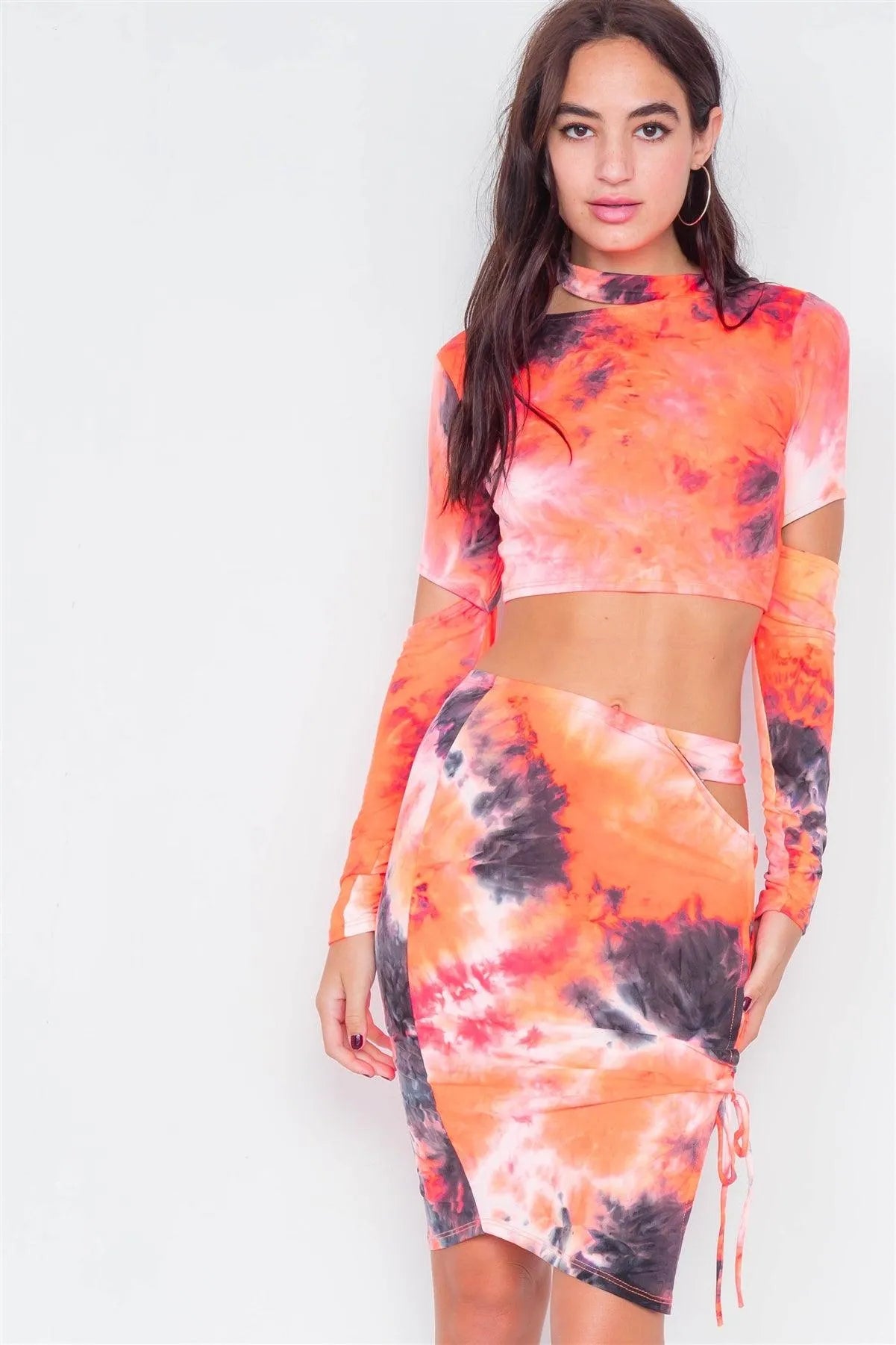 Orange Tie Dye Mock Neck Cut Out Long Sleeve & Mini Lace Up Slit Skirt Set /3-2-1 - Tasha Apparel Wholesale