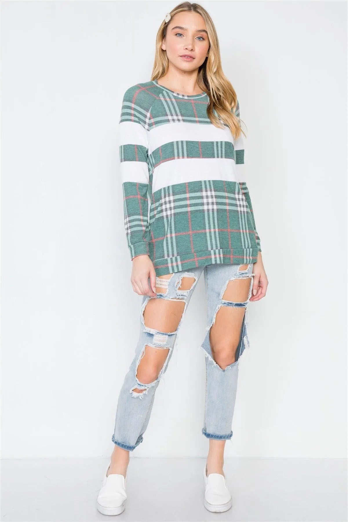 Green Plaid Long Sleeve Colorblock Sweater /2-2-2 - Tasha Apparel Wholesale