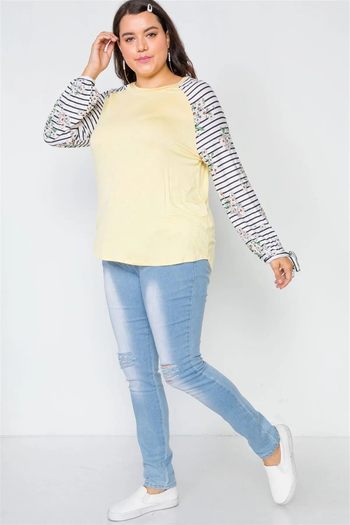 Plus Size Yellow Floral Stripe Contrast Sleeve Top /1-2-2 - Tasha Apparel Wholesale