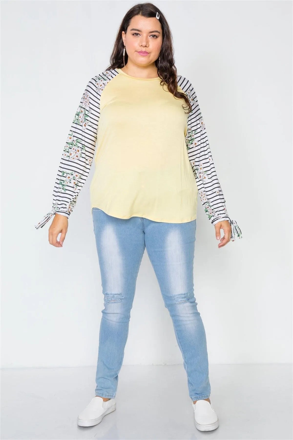 Junior Plus Size Yellow Floral Stripe Contrast Sleeve Top /2-2-2 - Tasha Apparel Wholesale