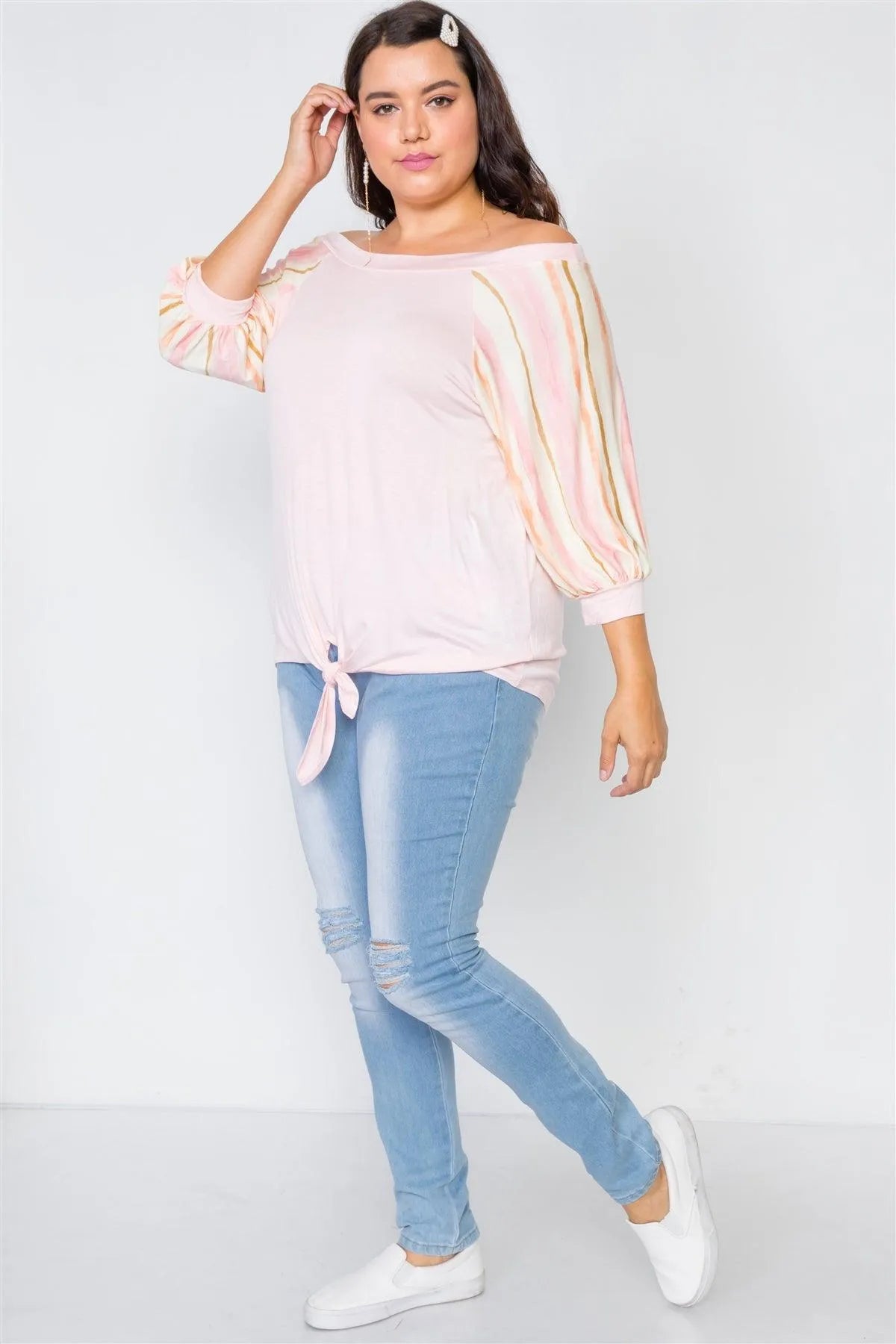 Plus Size Pink Scoop-Neck 3/4 Sleeve Top - Tasha Apparel Wholesale
