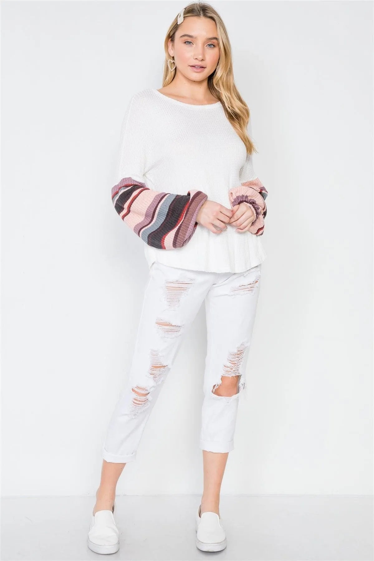 Ivory Contrast Sleeves Strip Knit Combo Sweater /2-2-2 - Tasha Apparel Wholesale