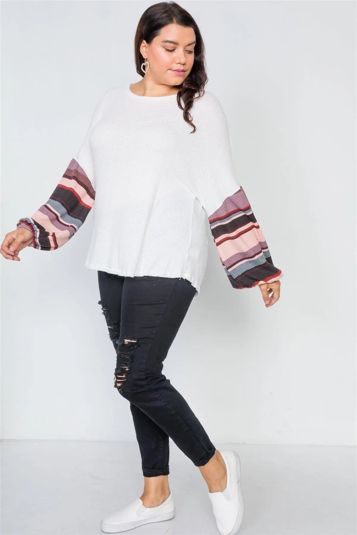 Plus Size Ivory Contrast Sleeves Knit Combo Top /2-2-2 - Tasha Apparel Wholesale
