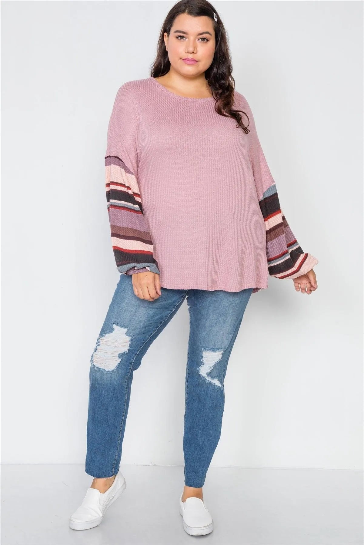 Plus Size Mauve Contrast Sleeves Knit Combo Top /2-2-2 - Tasha Apparel Wholesale
