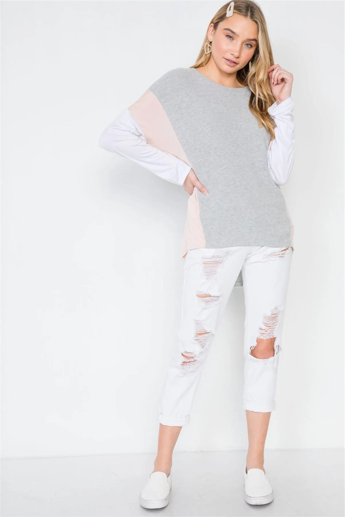 Ivory Grey Casual Color-Block Soft Sweater - Tasha Apparel Wholesale