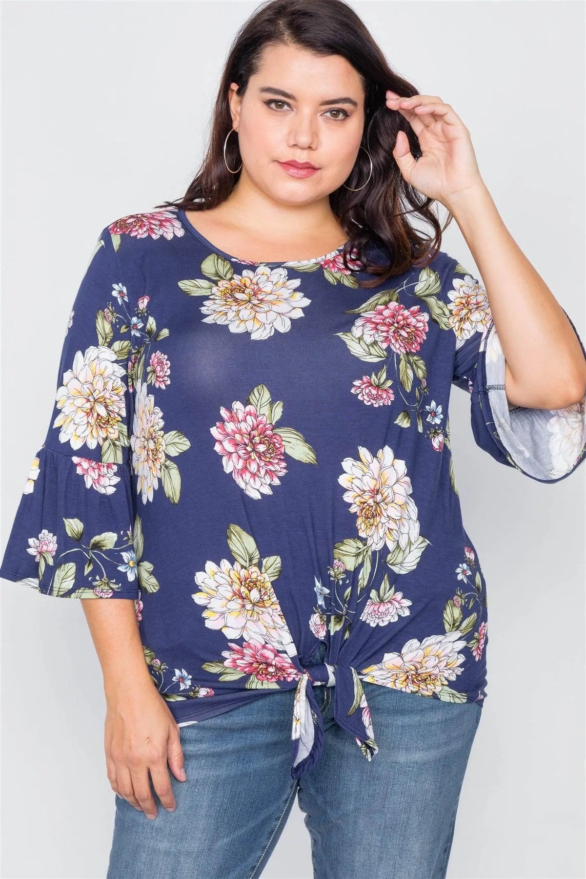 Plus Size Navy Floral Print Front Knot High-Low Top /1-2-2 - Tasha Apparel Wholesale