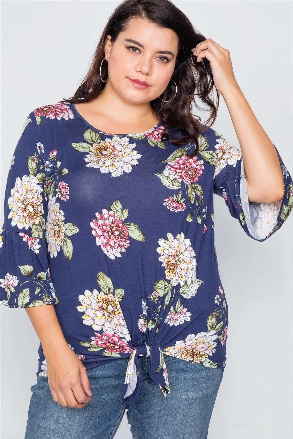 Plus Size Navy Floral Print Front Knot High-Low Top /2-2-2 - Tasha Apparel Wholesale