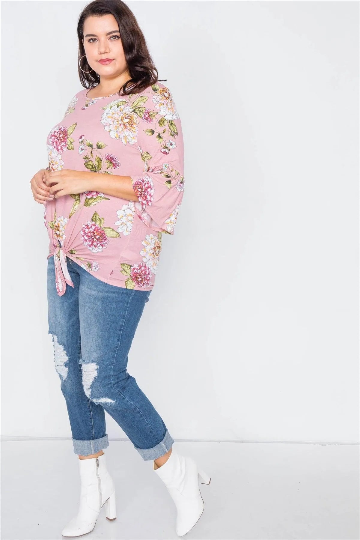 Plus Size Pink Floral Print Front Knot High-Low Top /2-2-2 - Tasha Apparel Wholesale