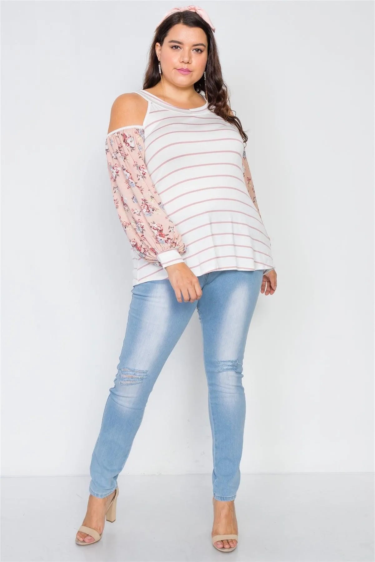 Plus Size Ivory Mauve Stripe Cold Shoulder Top / 2-2-2 - Tasha Apparel Wholesale