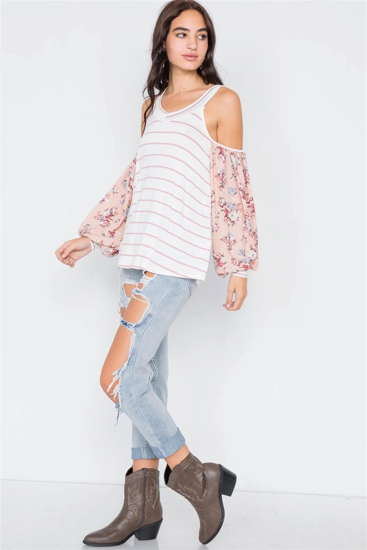 Ivory Mauve Stripe Cold Shoulder Top - Tasha Apparel Wholesale