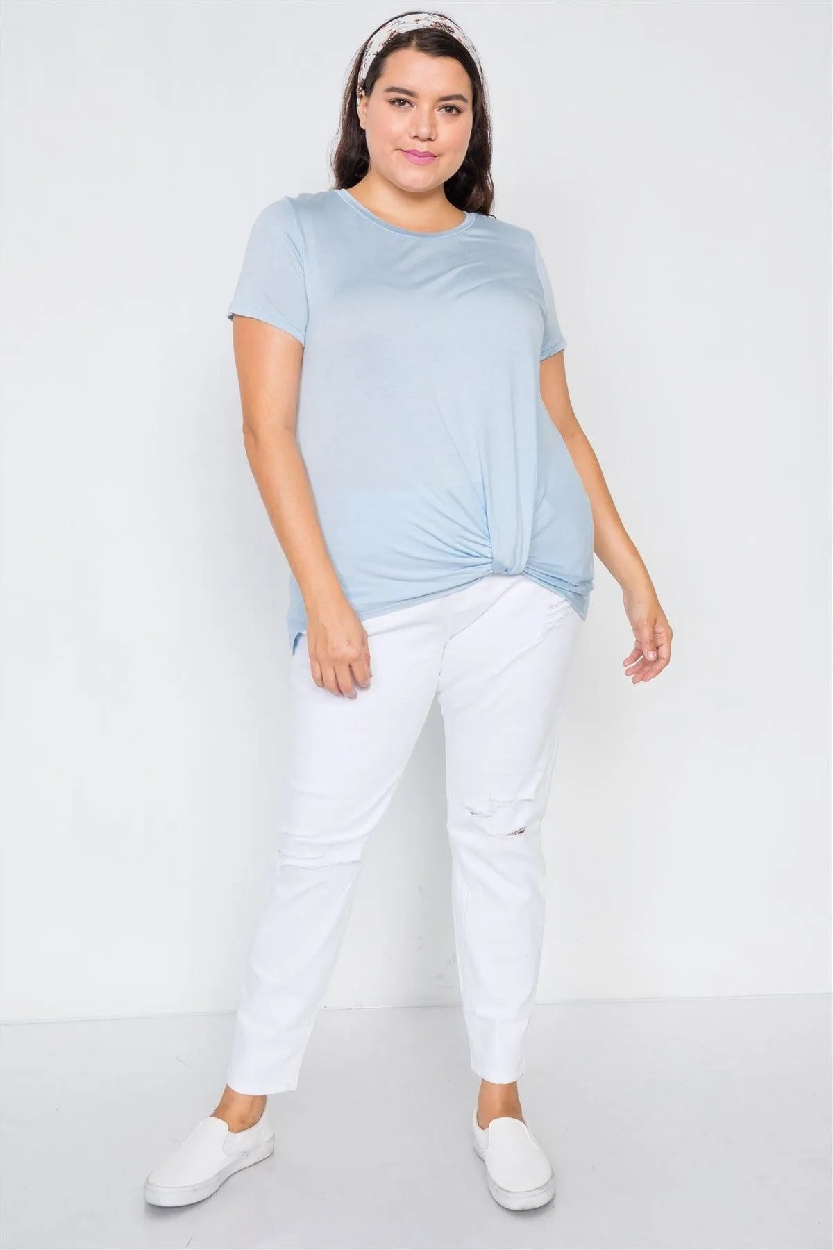 Plus Size Blue Solid Front-Twist Short Sleeve Top /2-2-2 - Tasha Apparel Wholesale