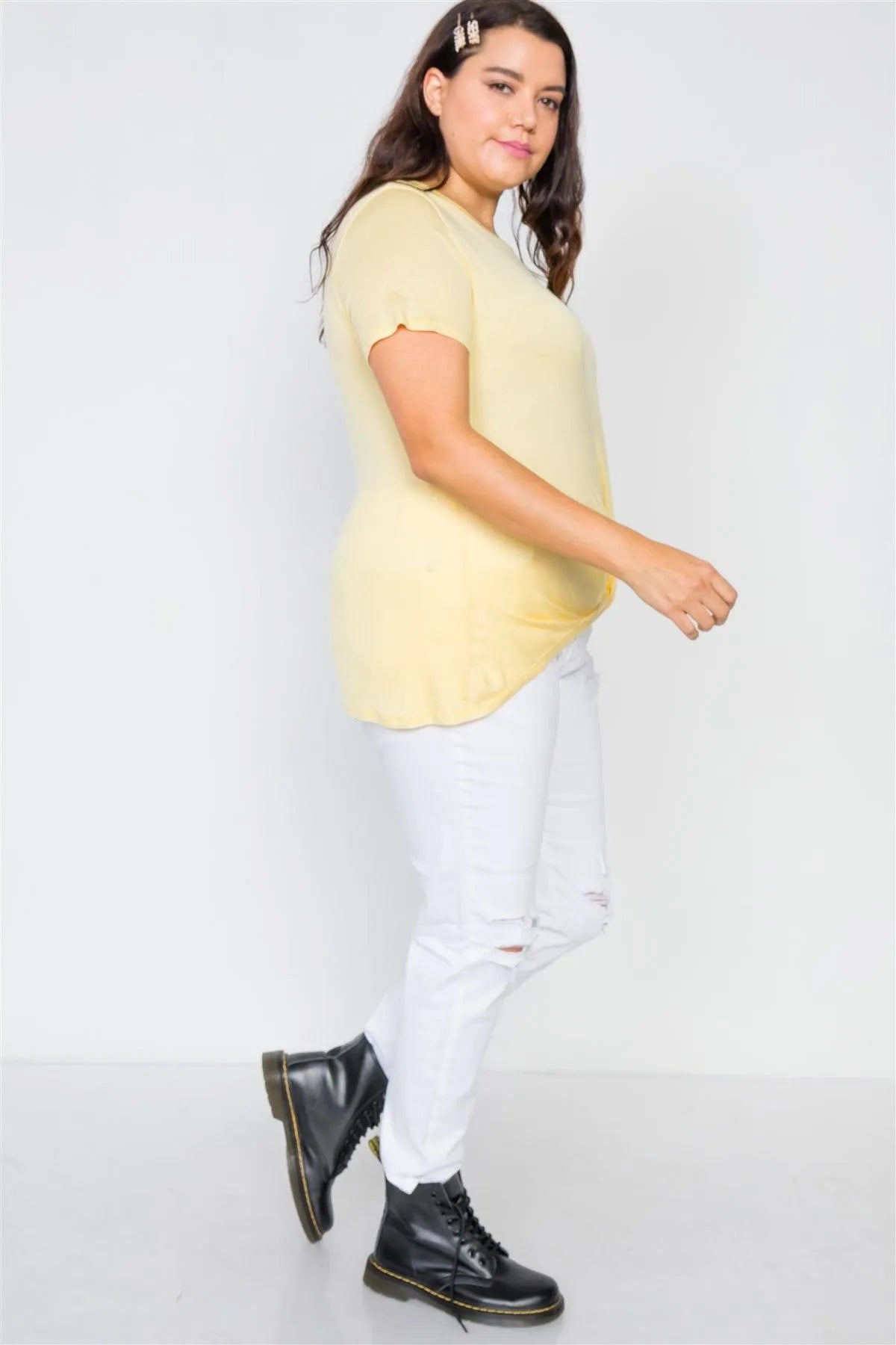 Plus Size Yellow Solid Front-Twist Short Sleeve Top /2-2-2 - Tasha Apparel Wholesale