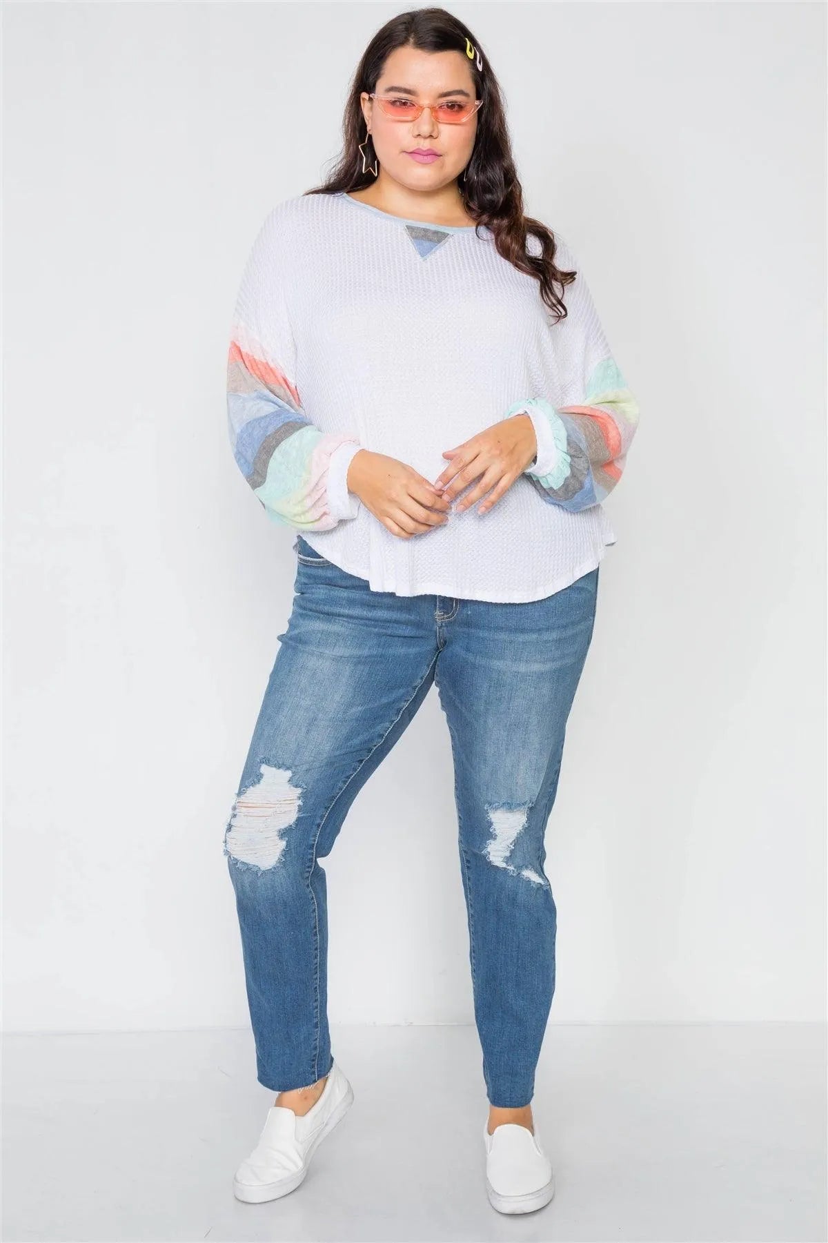 Plus Size White Contrast Stripe Sleeves Knit Top /2-2-2 - Tasha Apparel Wholesale
