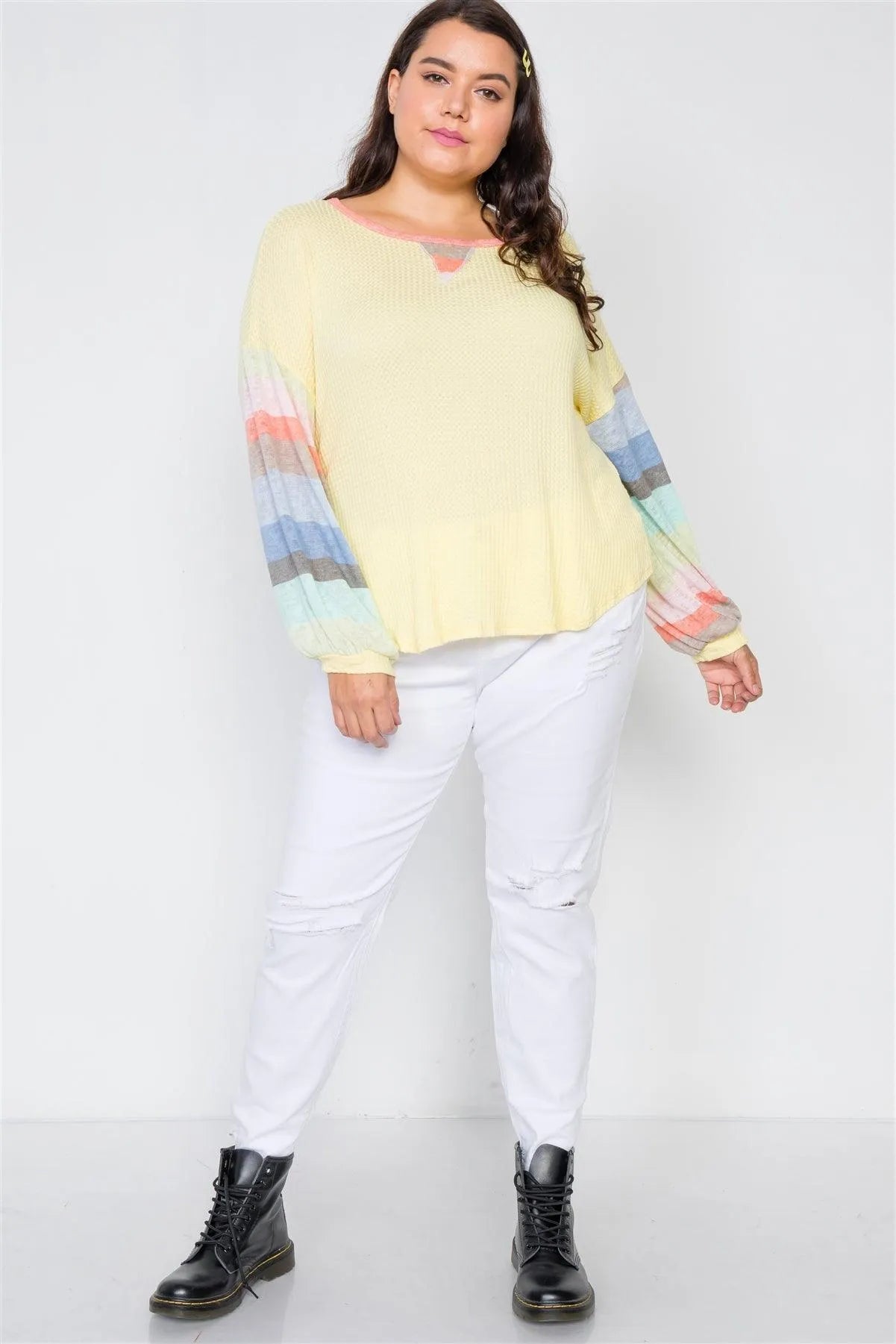 Plus Size Yellow Contrast Stripe Sleeves Knit Top /2-2-2 - Tasha Apparel Wholesale
