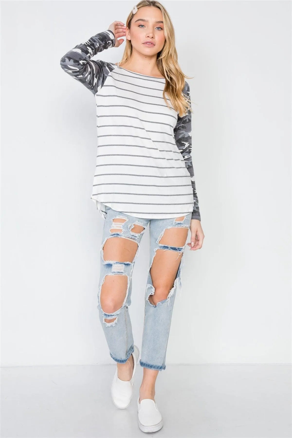 Ivory Stripe Camo Print Long Sleeve Top /2-2-2 - Tasha Apparel Wholesale