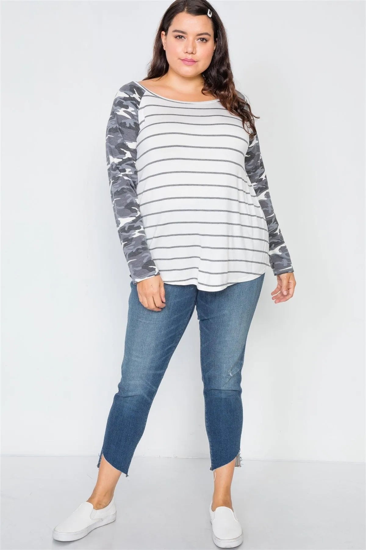 Plus Size Ivory Stripe Camo Print Long Sleeve Top - Tasha Apparel Wholesale