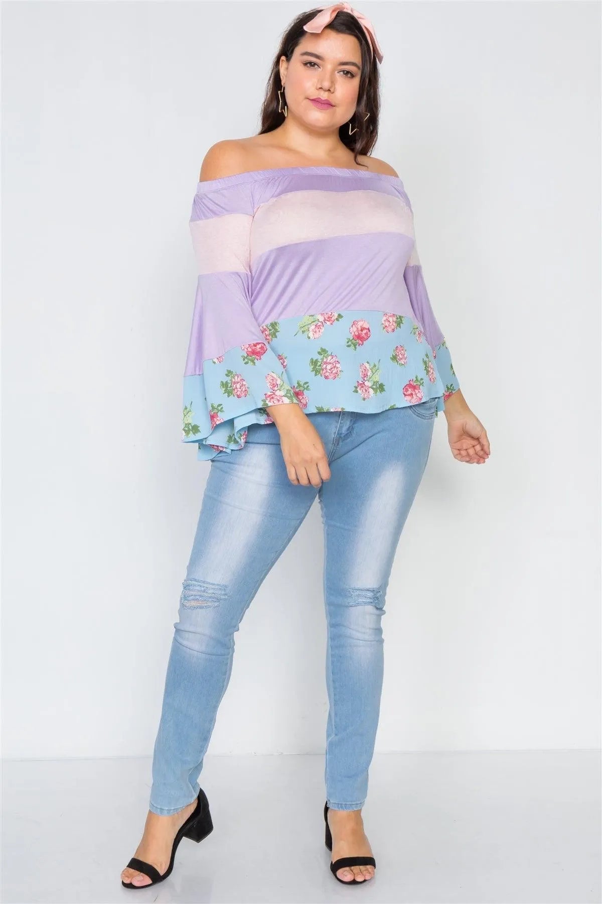 Junior Plus Size Off-The-Shoulder Colorblock Floral Top /2-2-2 - Tasha Apparel Wholesale