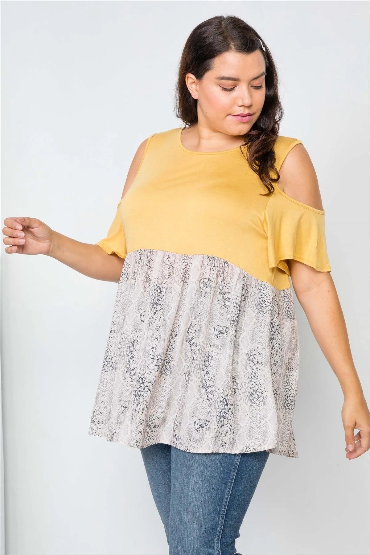 Plus Size Mustard Combo Cold Shoulder Top /2-1-2 - Tasha Apparel Wholesale