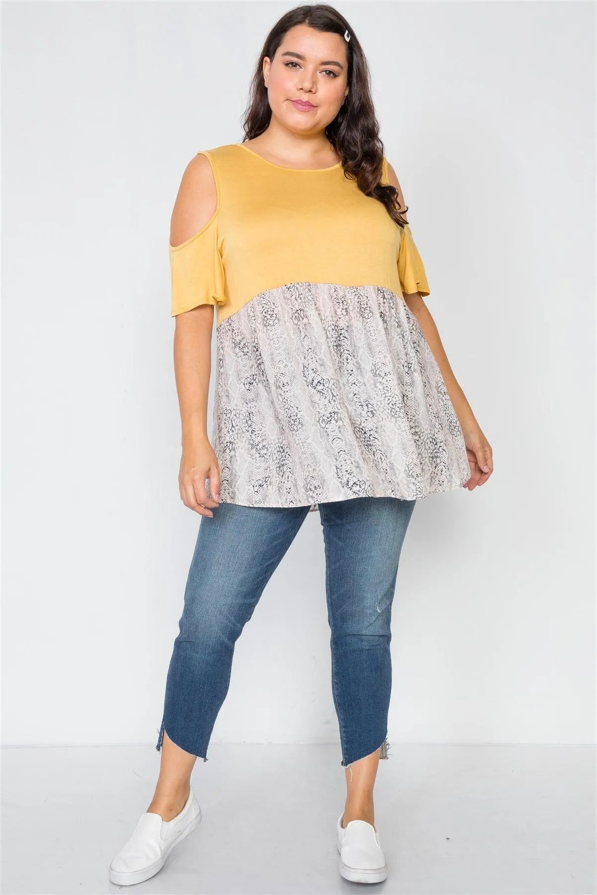 Plus Size Mustard Combo Cold Shoulder Top /2-2-2 - Tasha Apparel Wholesale