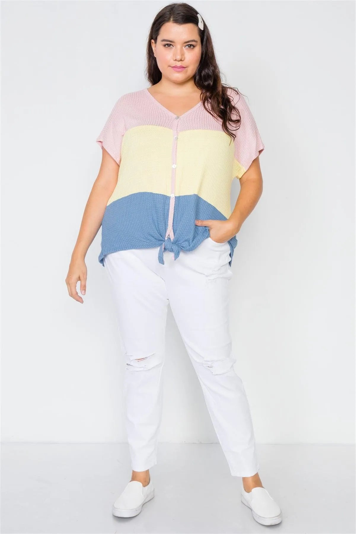 Plus Size Colorblock Button-Front Short Sleeve Top /2-2-2 - Tasha Apparel Wholesale