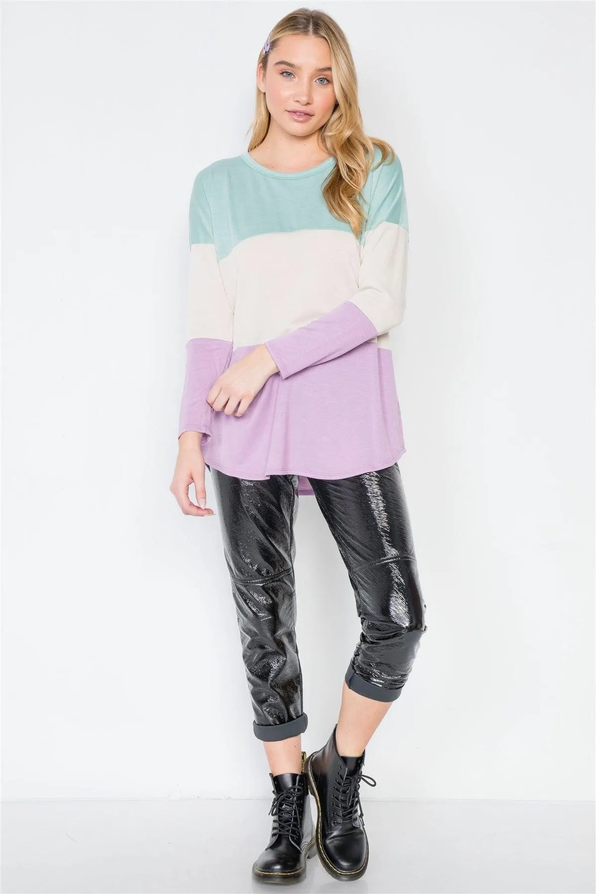 Mint Lavender Colorblock Long Sleeve Sweater /2-2-2 - Tasha Apparel Wholesale