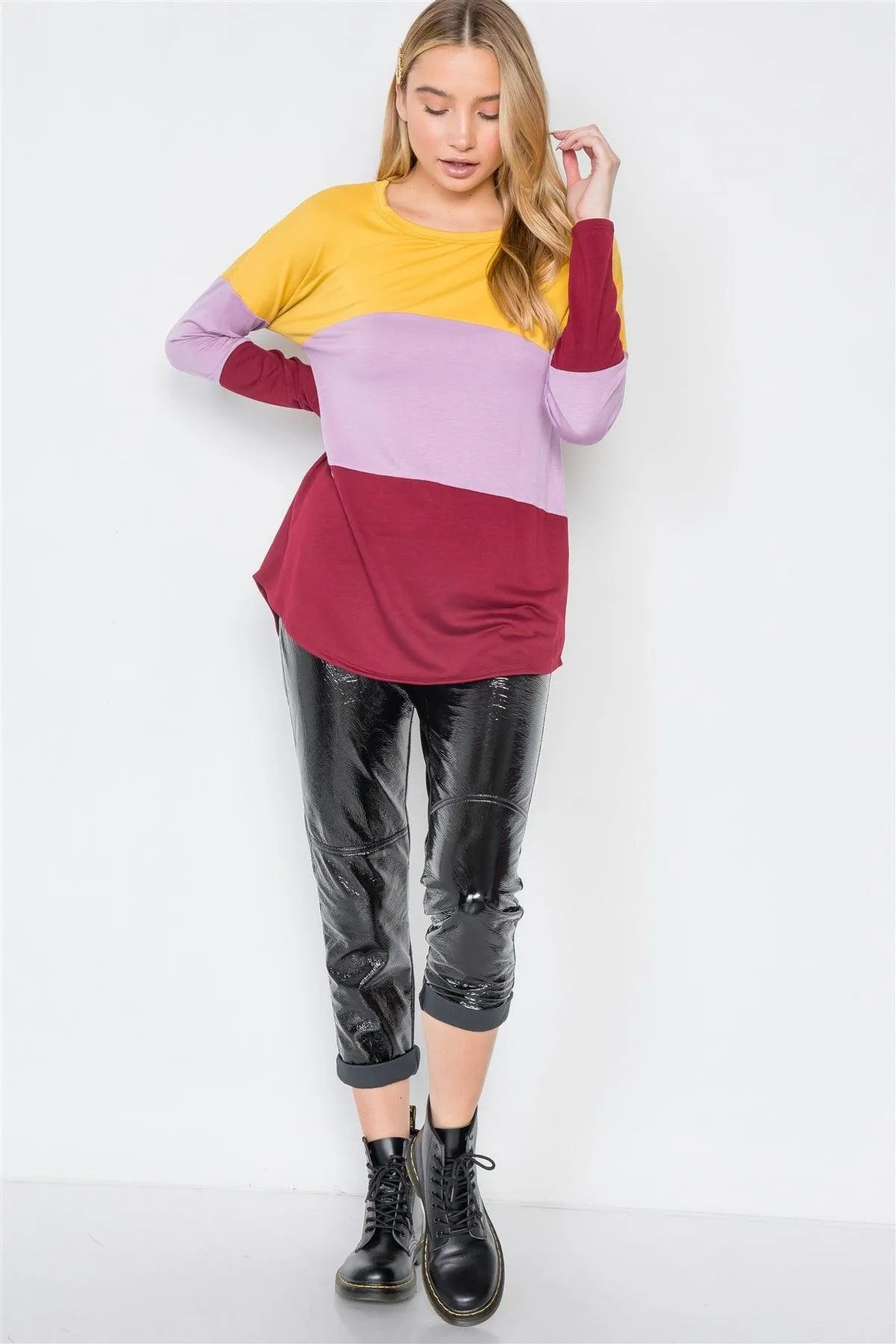 Mustard Lavender Red Colorblock Long Sleeve Sweater /2-2-2 - Tasha Apparel Wholesale