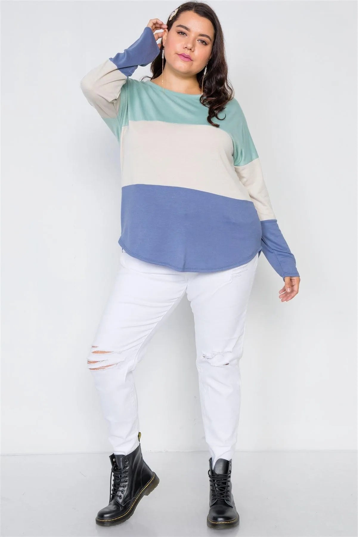 Junior Plus Size Green Sand Colorblock Soft Knit Top /2-2-2 - Tasha Apparel Wholesale