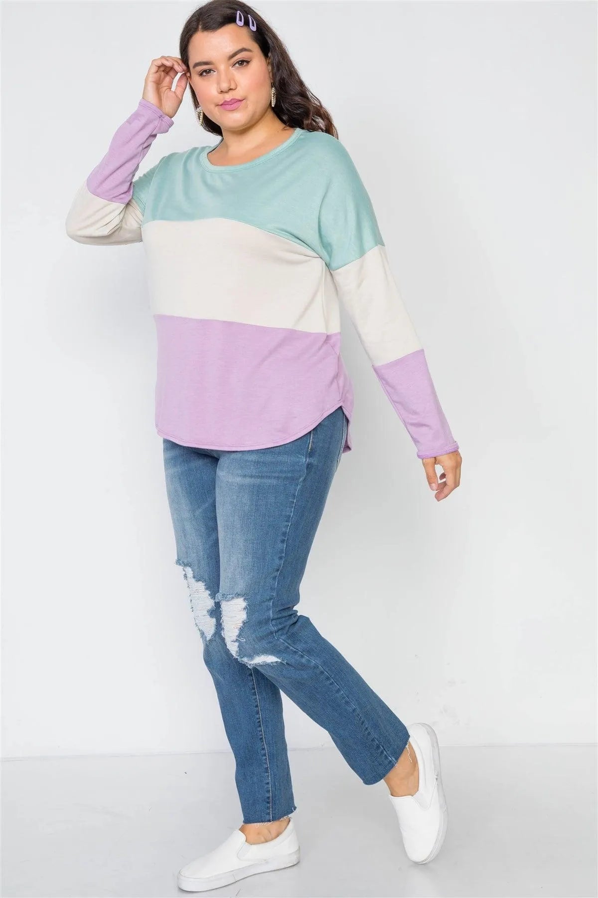 Plus Size Green Lavender Colorblock Soft Knit Top - Tasha Apparel Wholesale