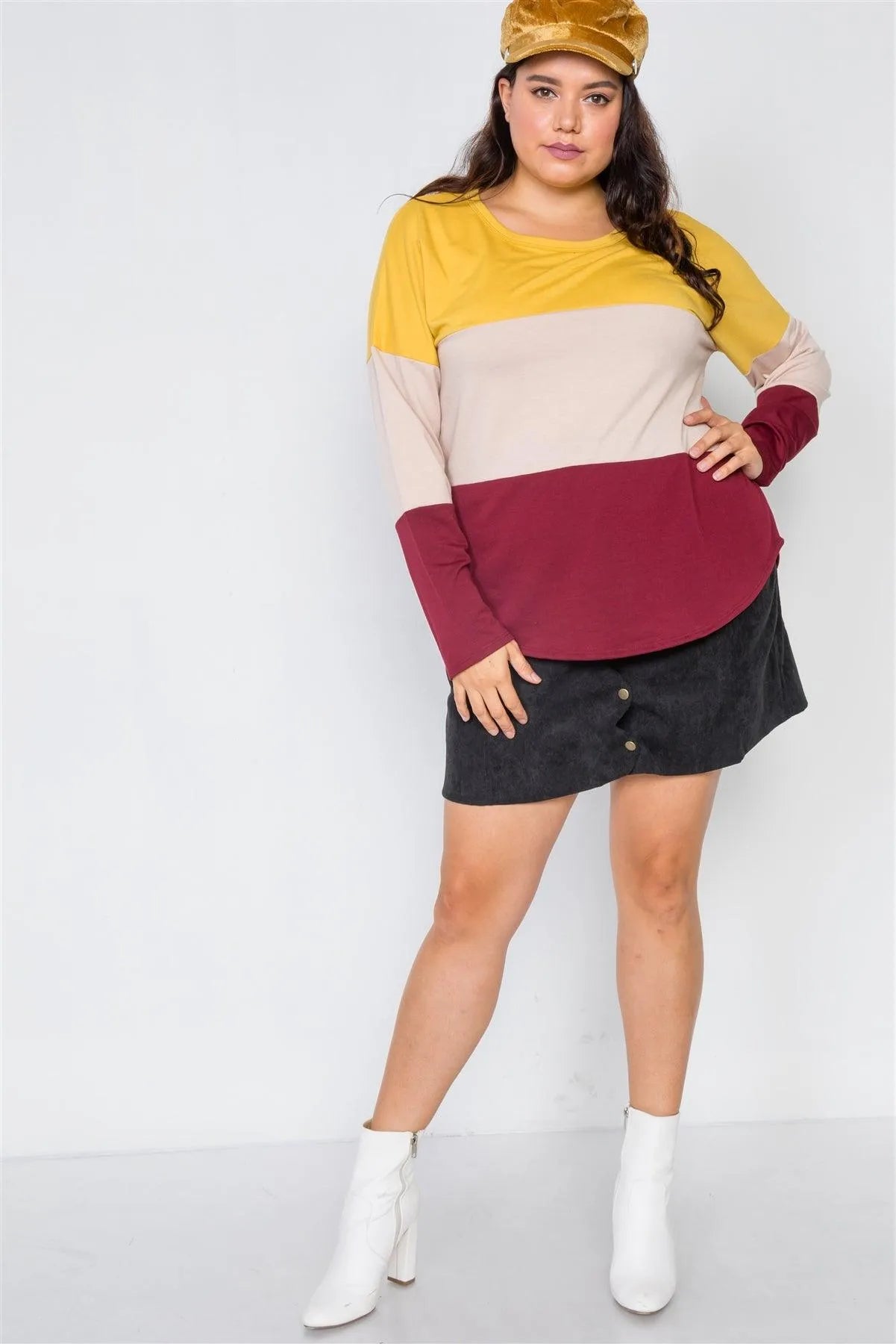 Plus Size Mustard Sand Burgundy Colorblock Soft Top /2-2-2 - Tasha Apparel Wholesale