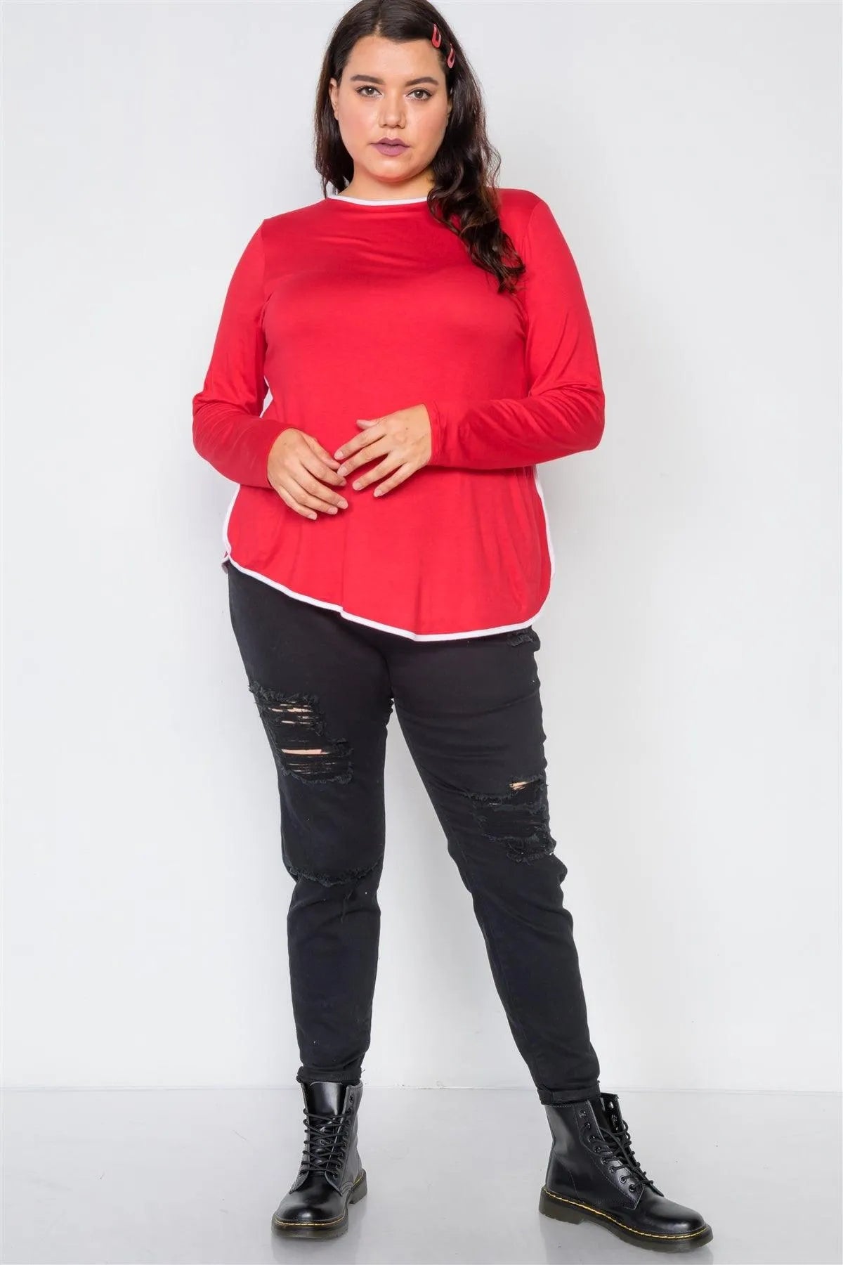 Plus Size Red Knit Long Sleeve Contrast Trim Top /2-2-2 - Tasha Apparel Wholesale