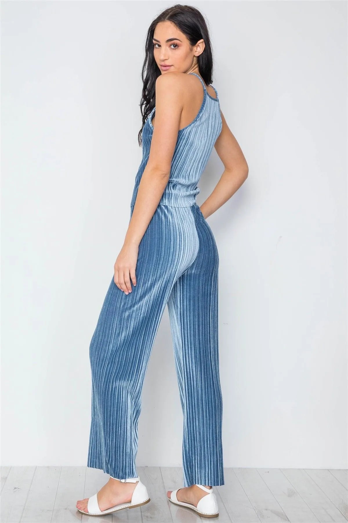 Blue Ribbed Velvet Crop Top And Pants Set /2-2-2 - Tasha Apparel Wholesale