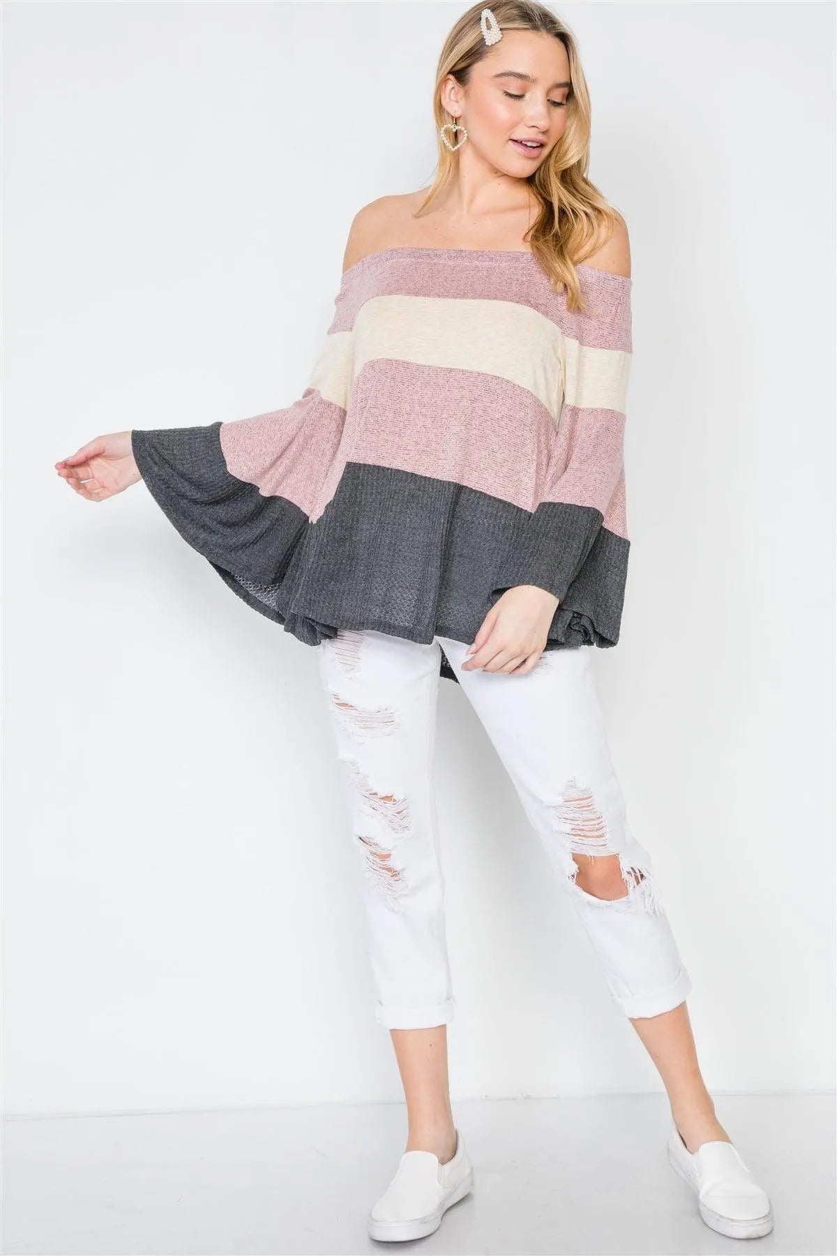Multi Colorblock Off-The-Shoulder Knit Top /2-2-2 - Tasha Apparel Wholesale