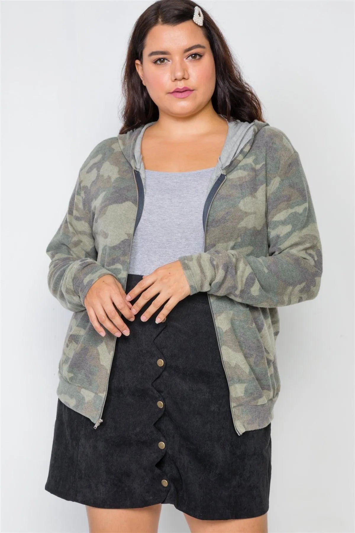 Plus Size Soft Camo Zip-Up Knit Hooded Sweater - Tasha Apparel Wholesale