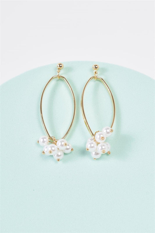 Gold Bunchberry Pearl Dangle Detail Elliptic Hoop Earrings /3 Pairs