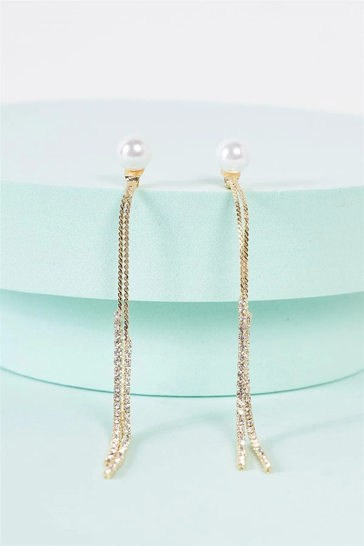 Gold Pearl Rhinestone Ear Jacket Tassel Drop Earrings - Tasha Apparel Wholesale