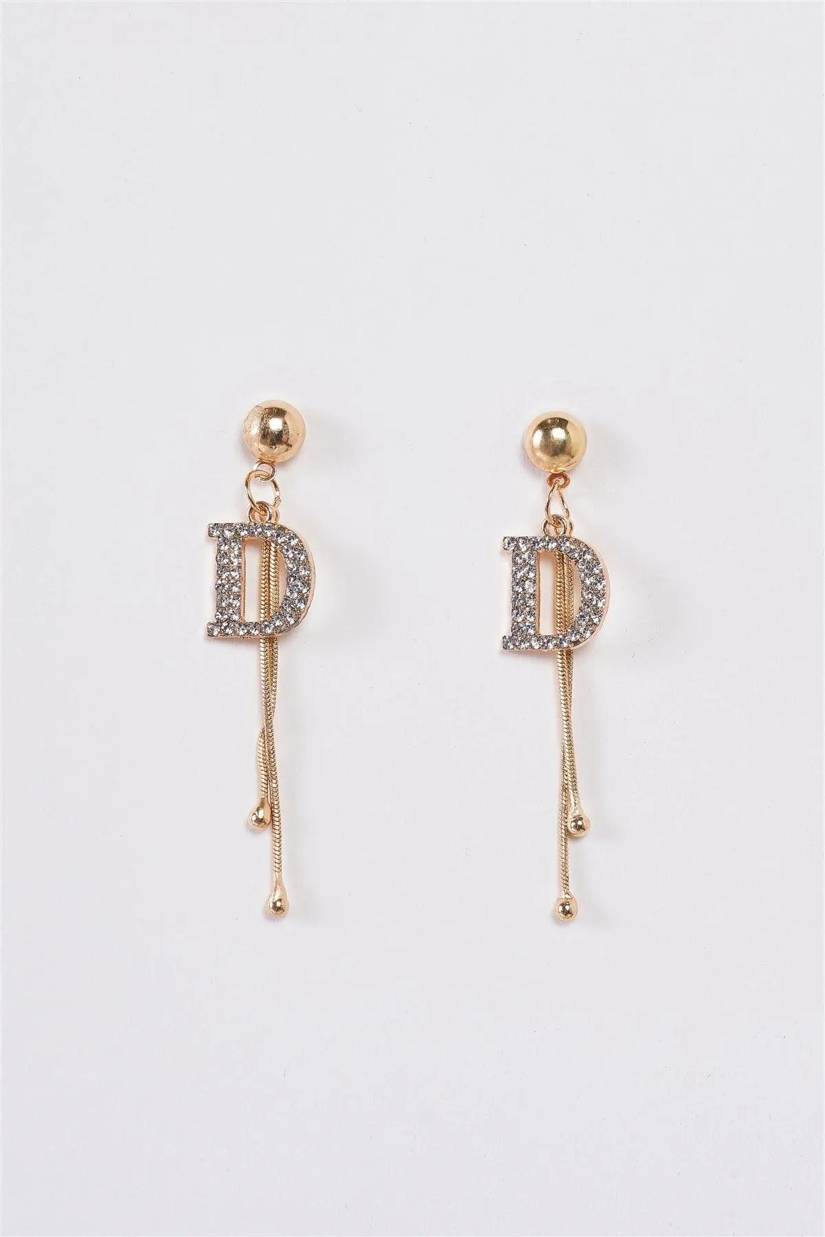 Gold & Rhinestone "D" Accent Double Wire Drop Earrings - Tasha Apparel Wholesale