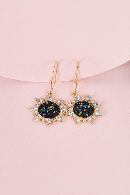 Rainbow & Black Faux Diamonds Incrusted Sunflower Dangle Earrings /3 Pairs