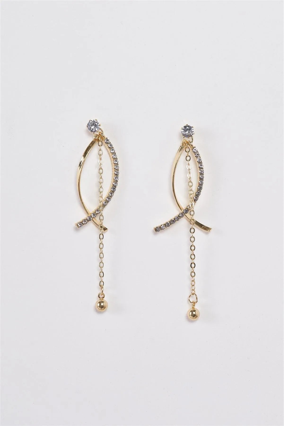 Gold & Rhinestone Long Dangle Spiral Drop Earrings - Tasha Apparel Wholesale