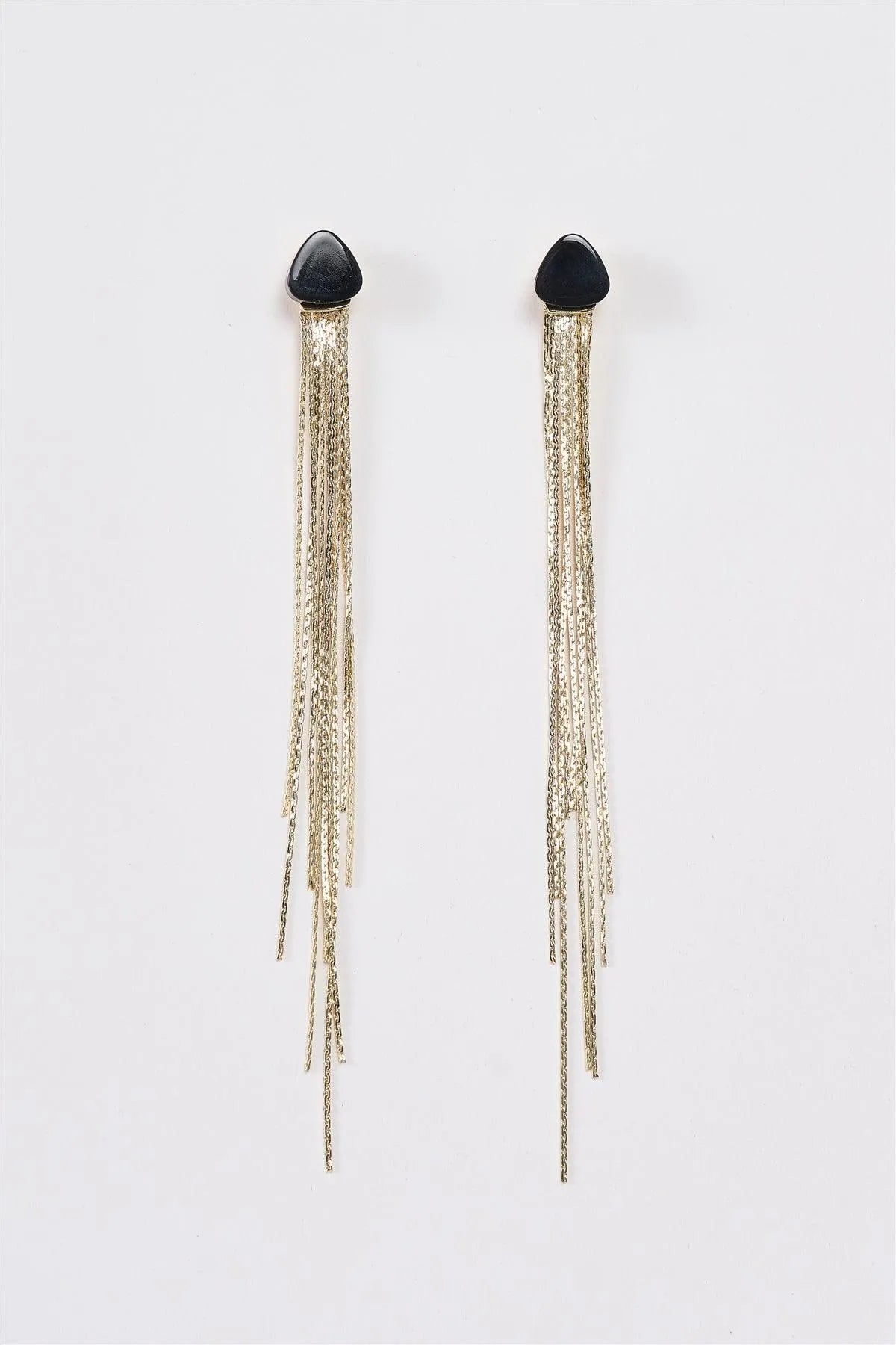 Gold & Black Soft Triangle Stone Tassel Long Drop Earrings - Tasha Apparel Wholesale
