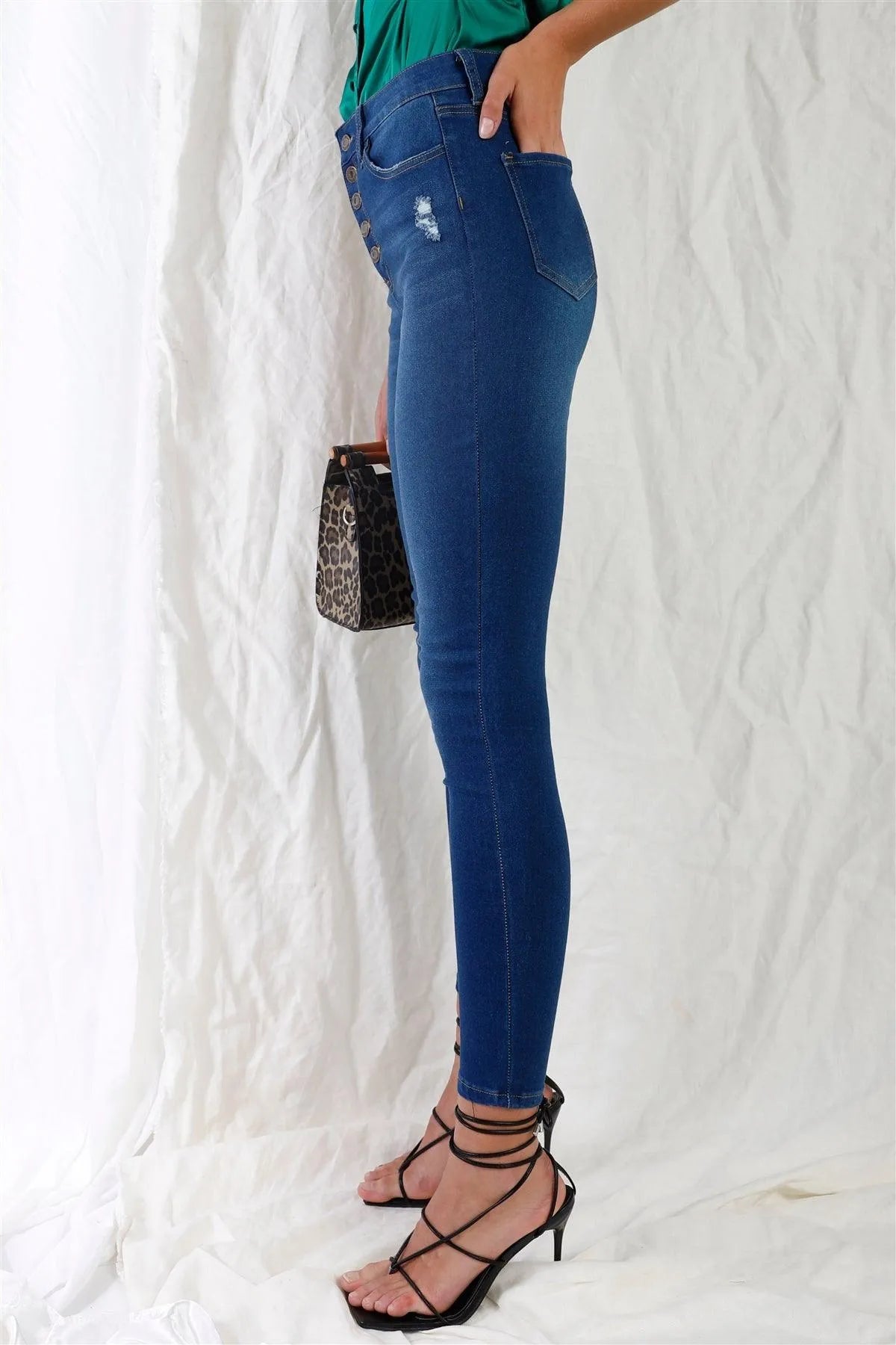 Dark Blue High-Waisted Button Fly Skinny Denim Jeans /1-1-3-3-2-1-1 - Tasha Apparel Wholesale