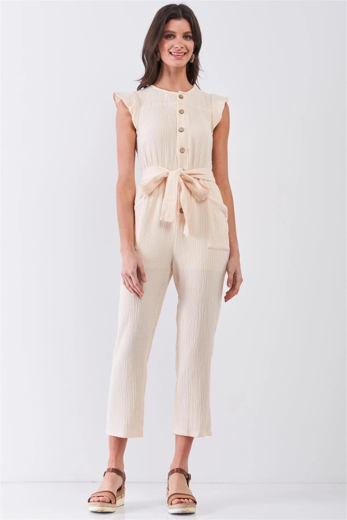 Beige Sleeveless Stylized Button-Down Front Detail Self-Tie Waist Capri Cotton Jumpsuit /3-2-1 - Tasha Apparel Wholesale